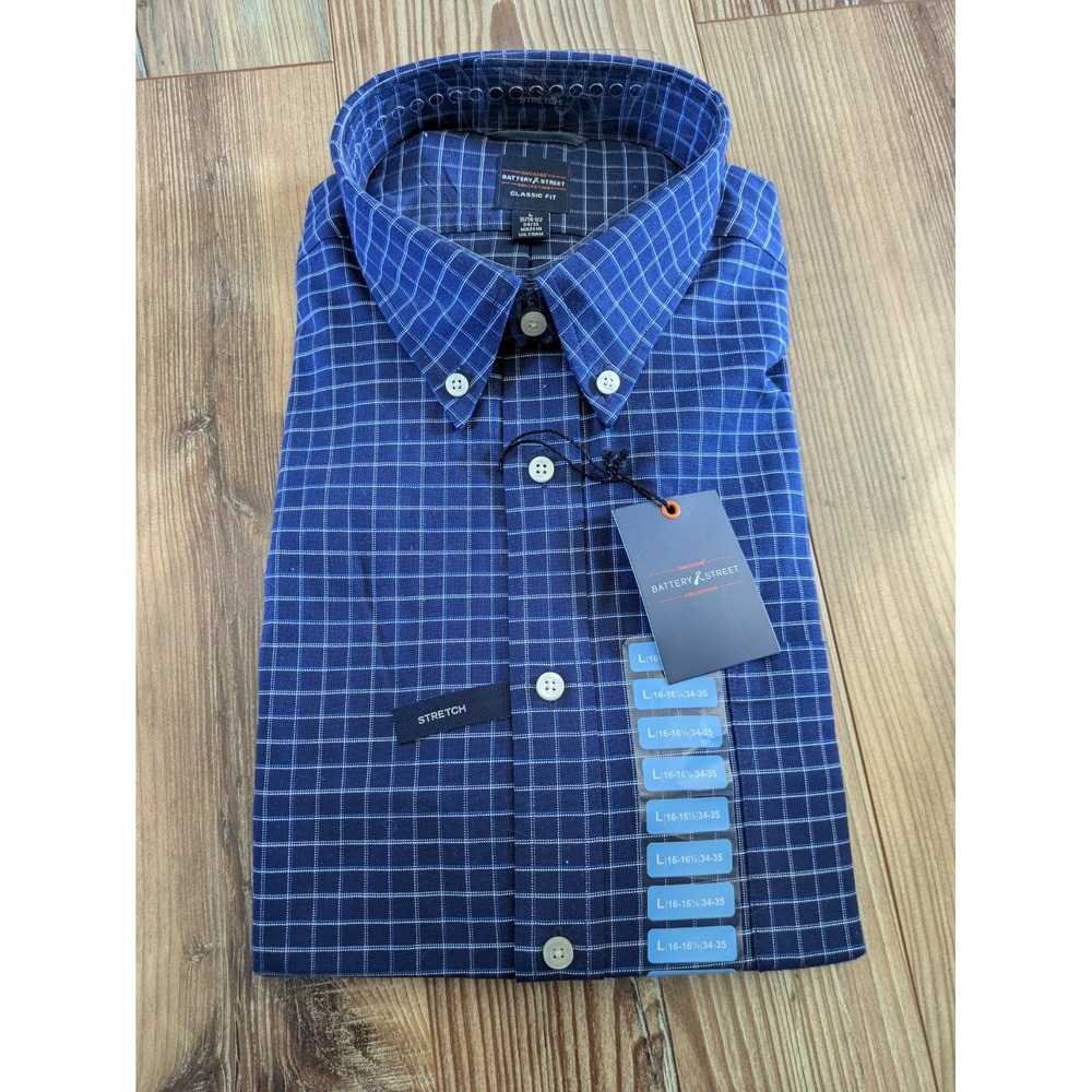 Dockers Battery Street Collection Blue Check Plaid Button Down Dress Shirt